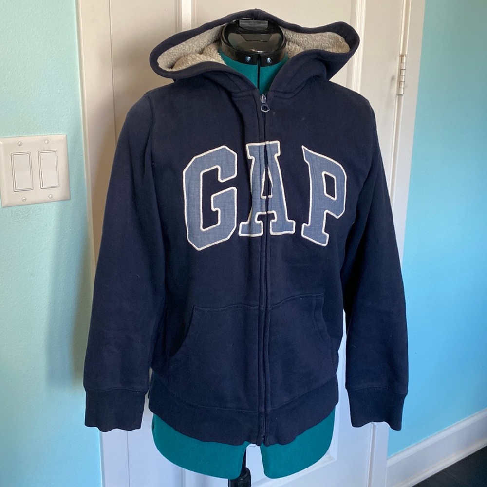 GAP Kids Blue lettered zipper fuzzy hoodie